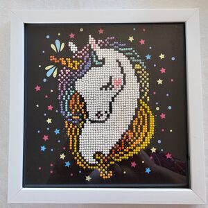 Framed Artwork Fabric Beaded Unicorn - Sparkly - 9" x 9" square